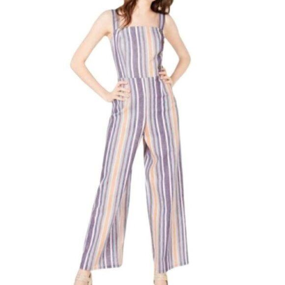 Fishbowl Stripe Button Linen Cropped Jumpsuit Blue Orange Juniors 9 - Picture 1 of 12